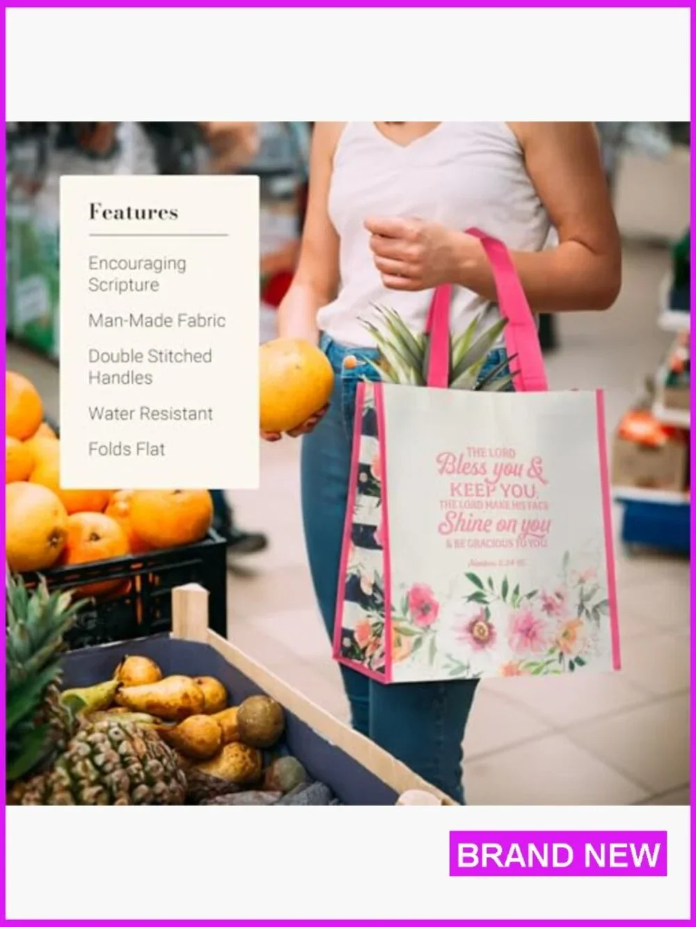 Reusable Shopping Tote Bag Tote Scripture Verse Floral Tote Grocery Bag